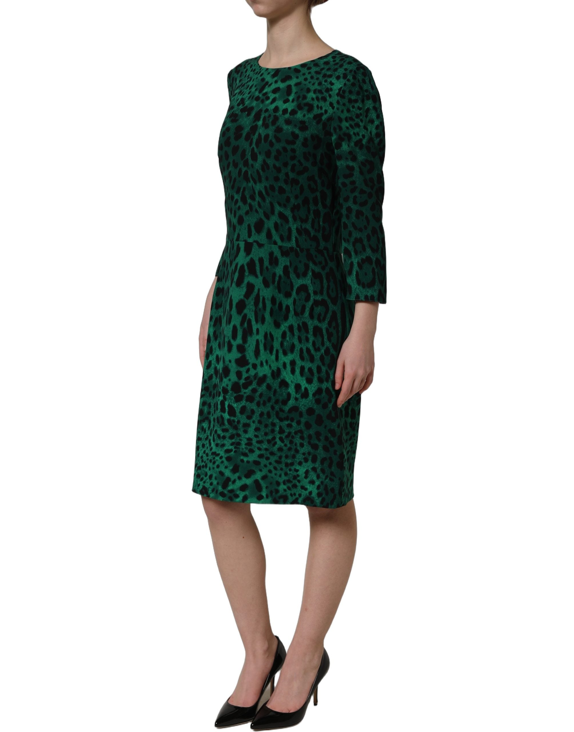 Dolce & Gabbana Green Leopard Print Silk Knee Length Dress