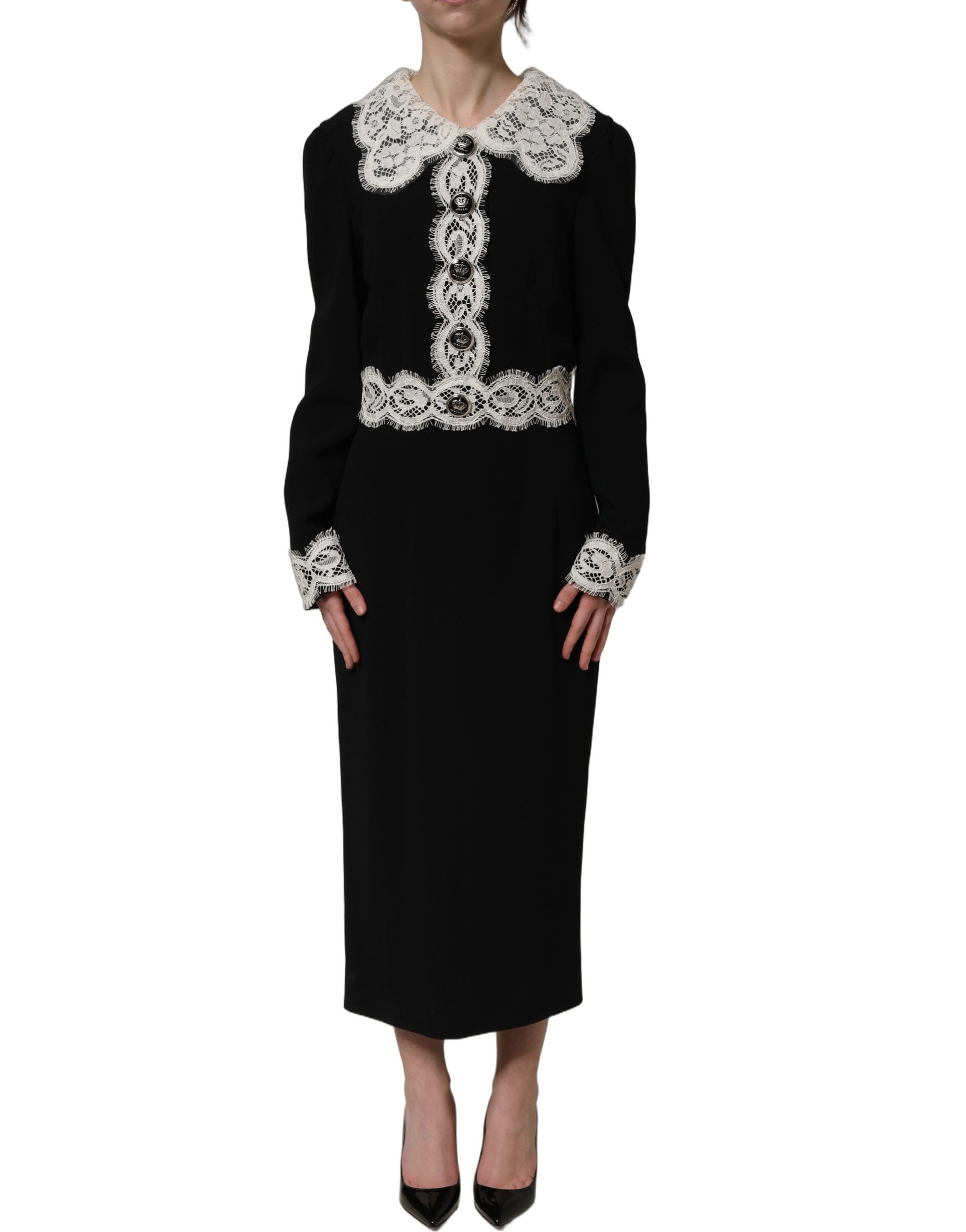 Dolce & Gabbana Black Lace Detailing Long Sleeves Midi Dress