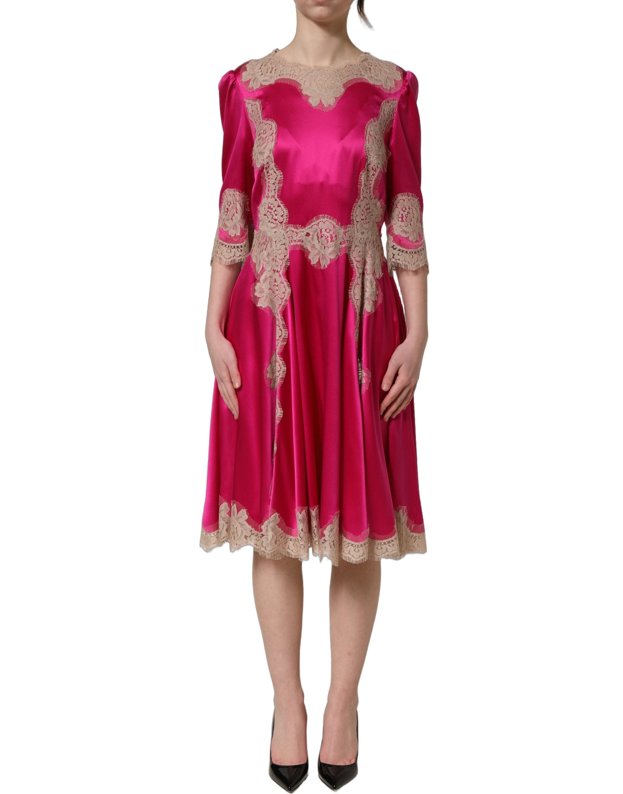 Dolce & Gabbana Fuchsia Pink Lace Detail A-line Midi Dress