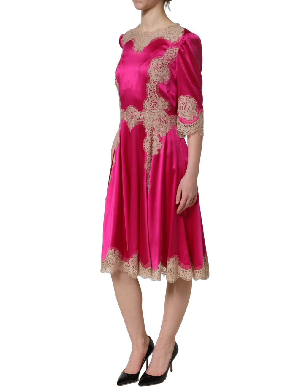 Dolce & Gabbana Fuchsia Pink Lace Detail A-line Midi Dress