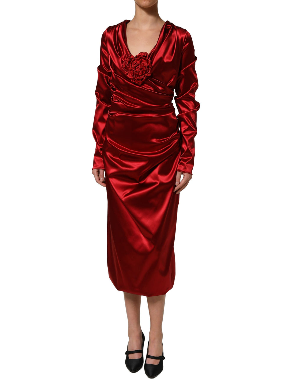Dolce & Gabbana Red Silk Satin Draped Midi Floral Applique Dress