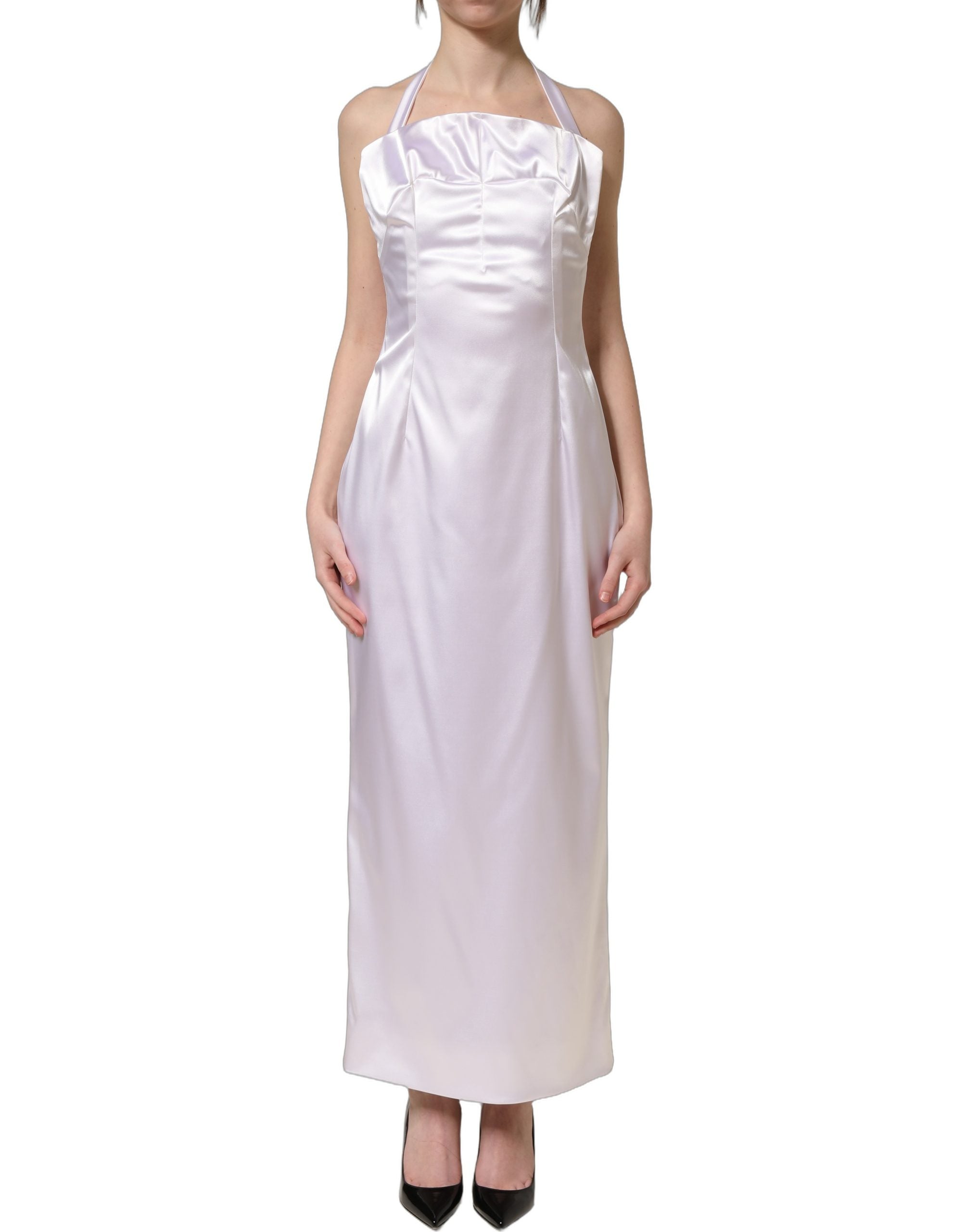 Dolce & Gabbana White Satin Halter Backless Long Gown Dress