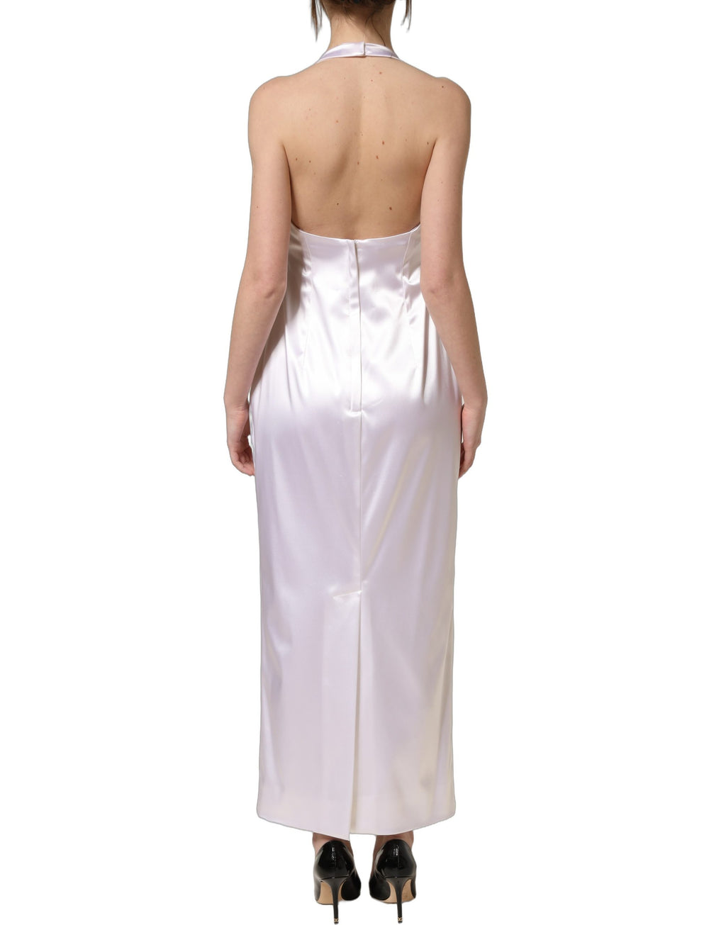 Dolce & Gabbana White Satin Halter Backless Long Gown Dress