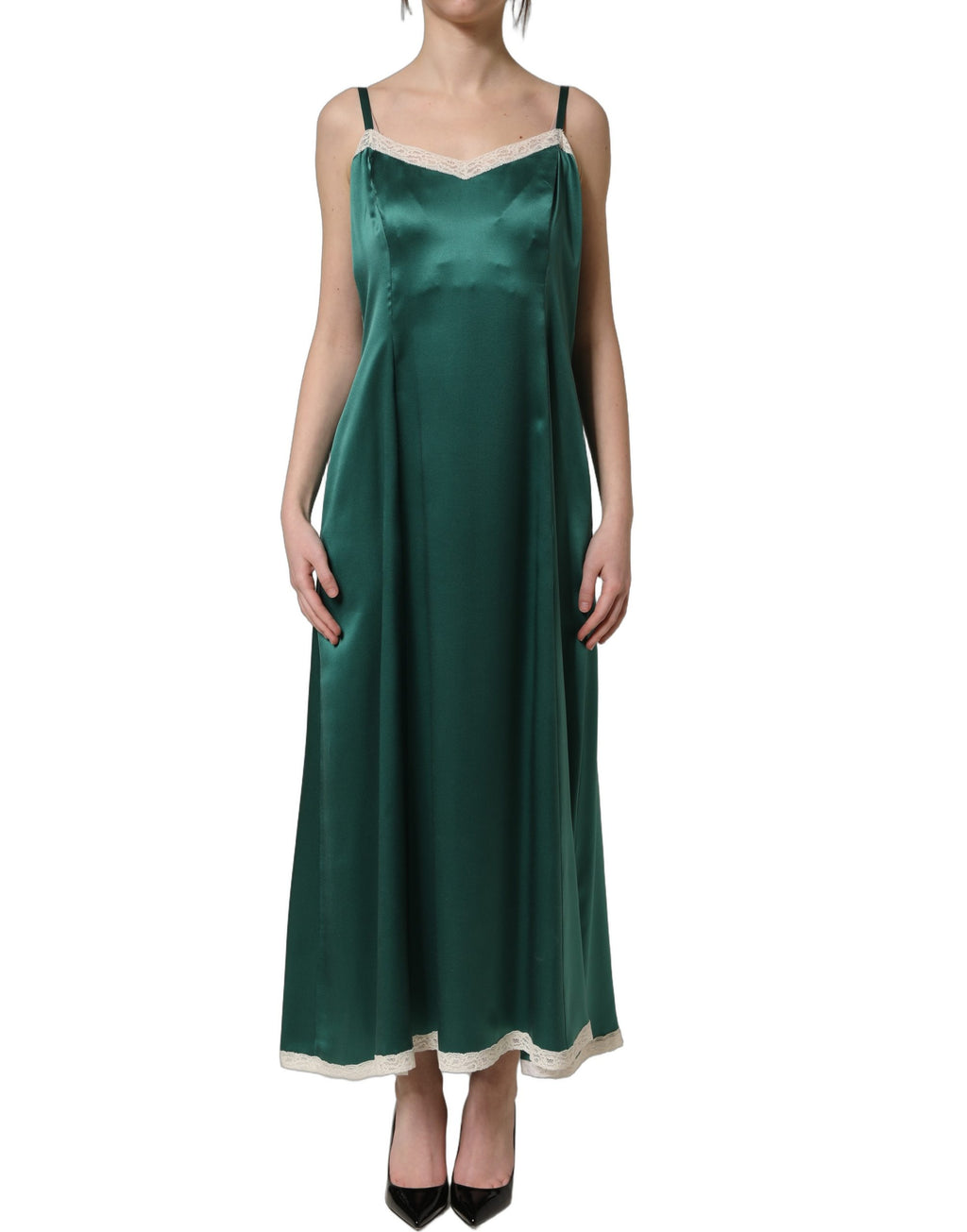 Dolce & Gabbana Green Satin Lace Trim Sleeveless Maxi Dress