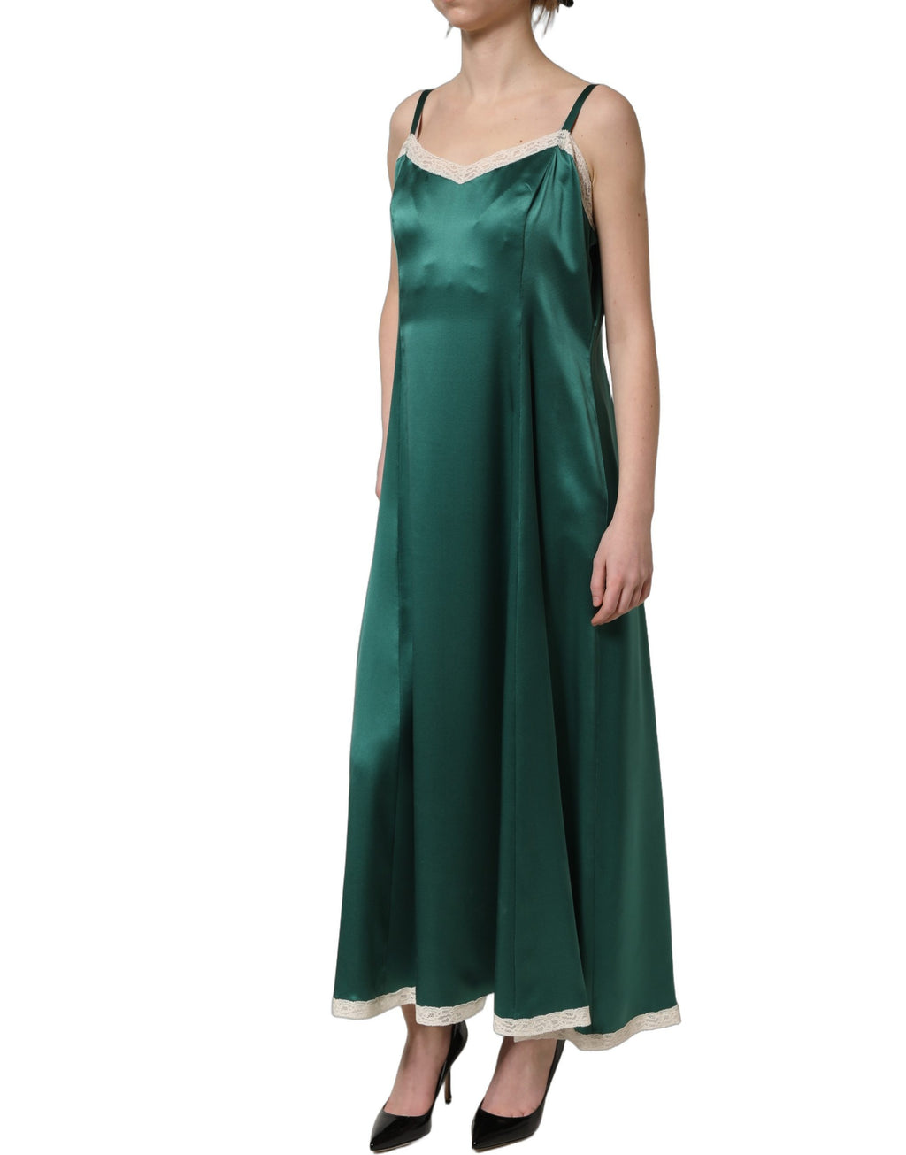 Dolce & Gabbana Green Satin Lace Trim Sleeveless Maxi Dress