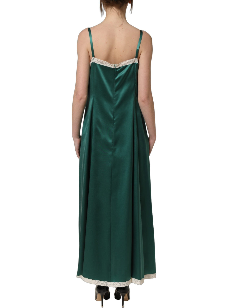 Dolce & Gabbana Green Satin Lace Trim Sleeveless Maxi Dress