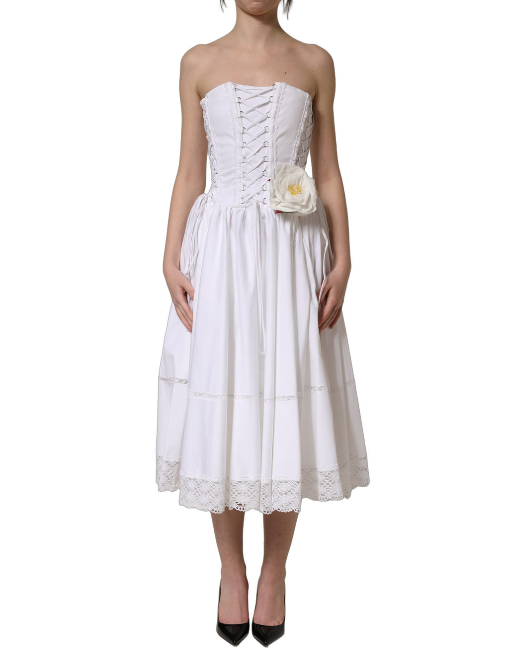 Dolce & Gabbana White Cotton Gabardine Bustier Midi Dress