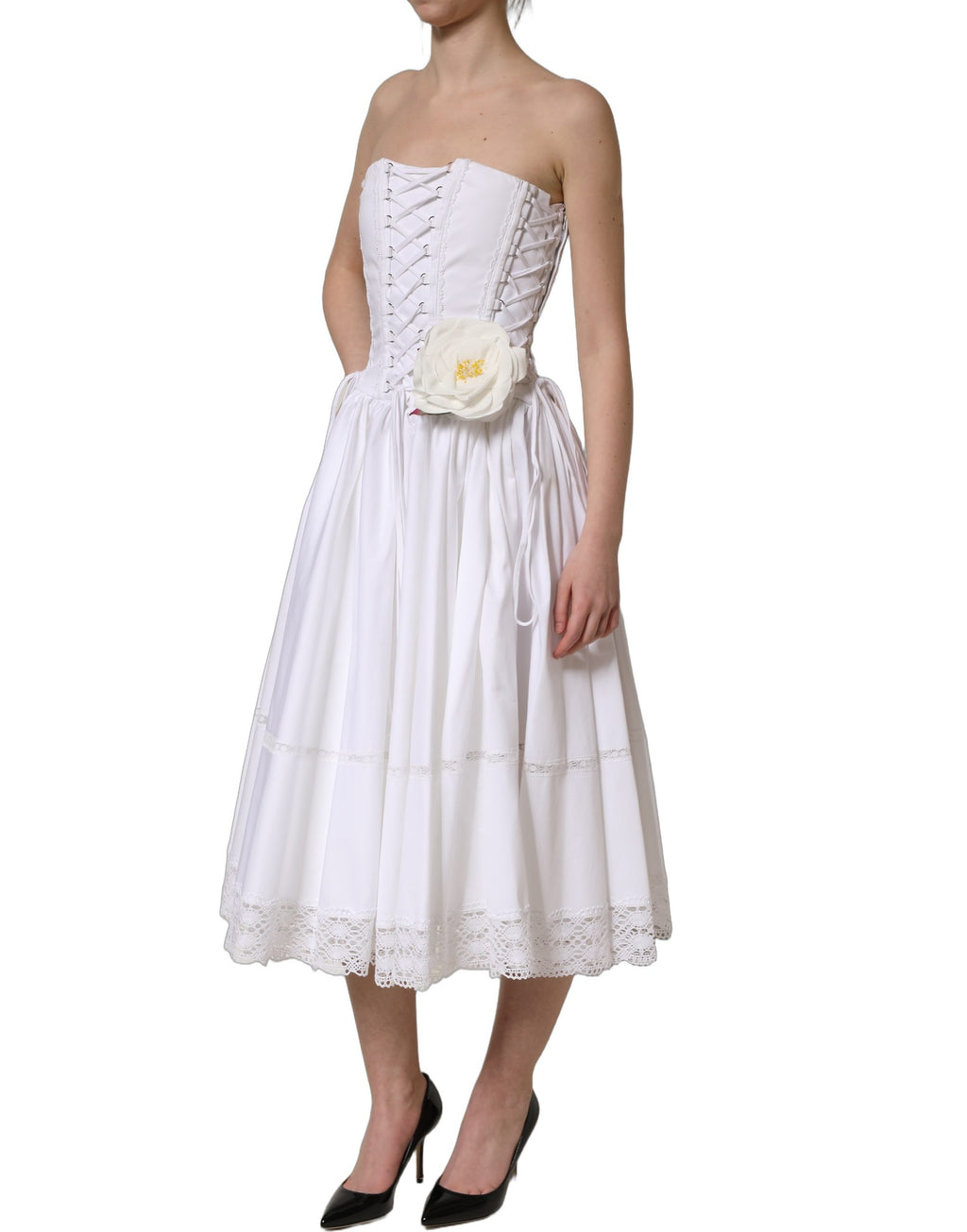 Dolce & Gabbana White Cotton Gabardine Bustier Midi Dress