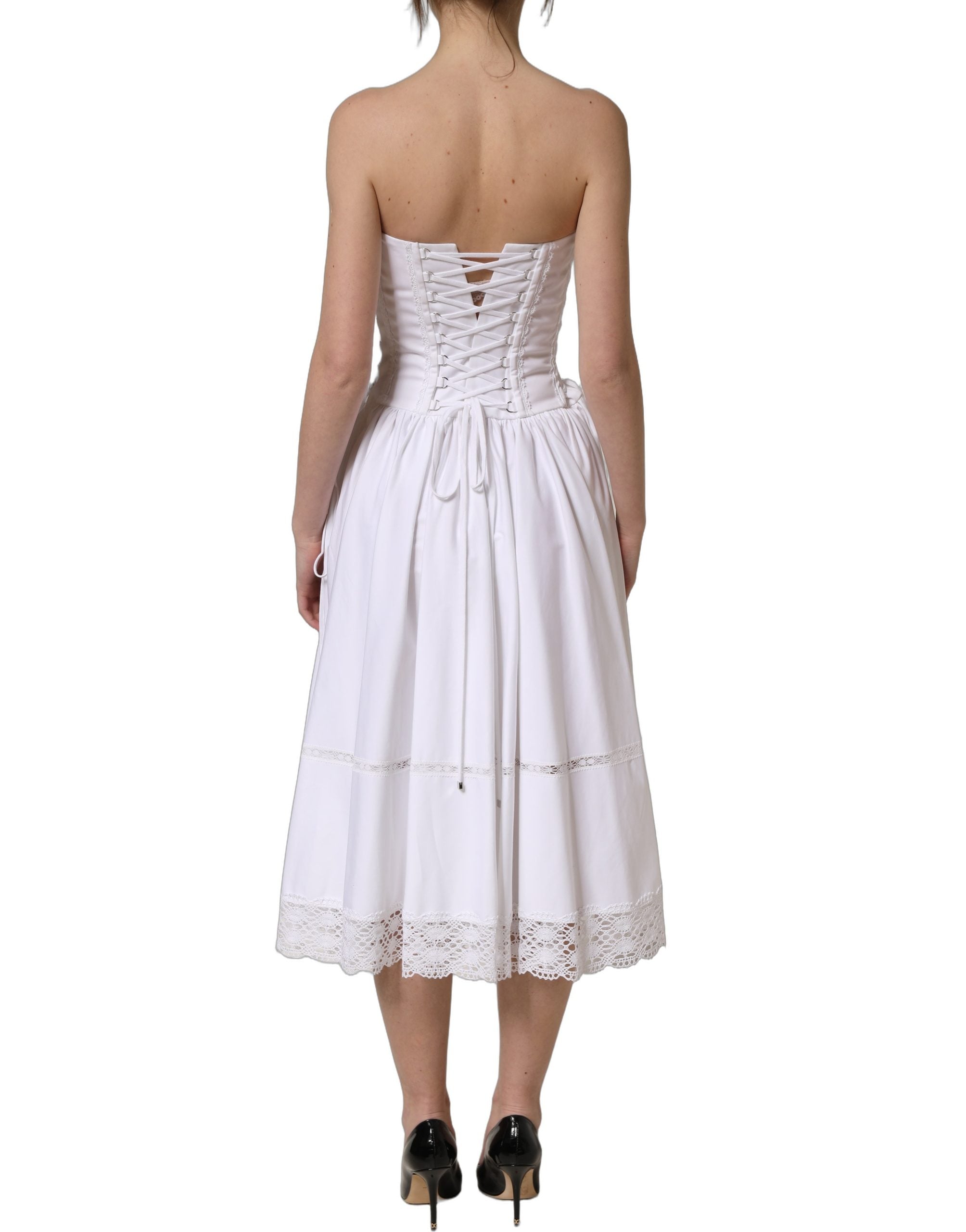 Dolce & Gabbana White Cotton Gabardine Bustier Midi Dress