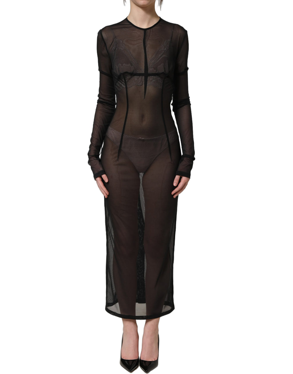 Dolce & Gabbana Black Long Sleeve Sheer Fitted Maxi Dress