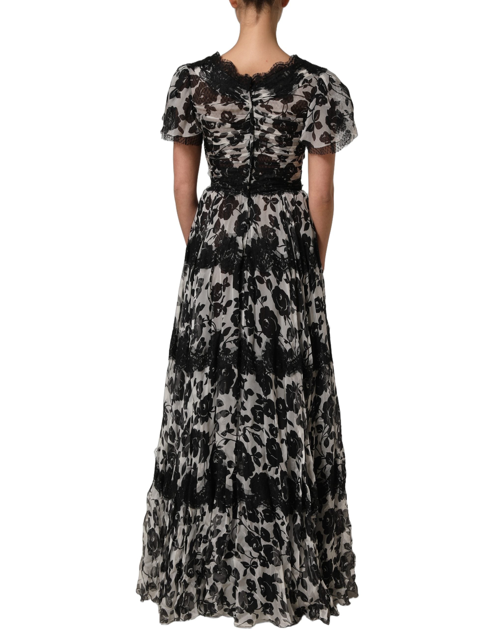 Dolce & Gabbana Black Silk Floral Lace Ricamo Ball Maxi Dress