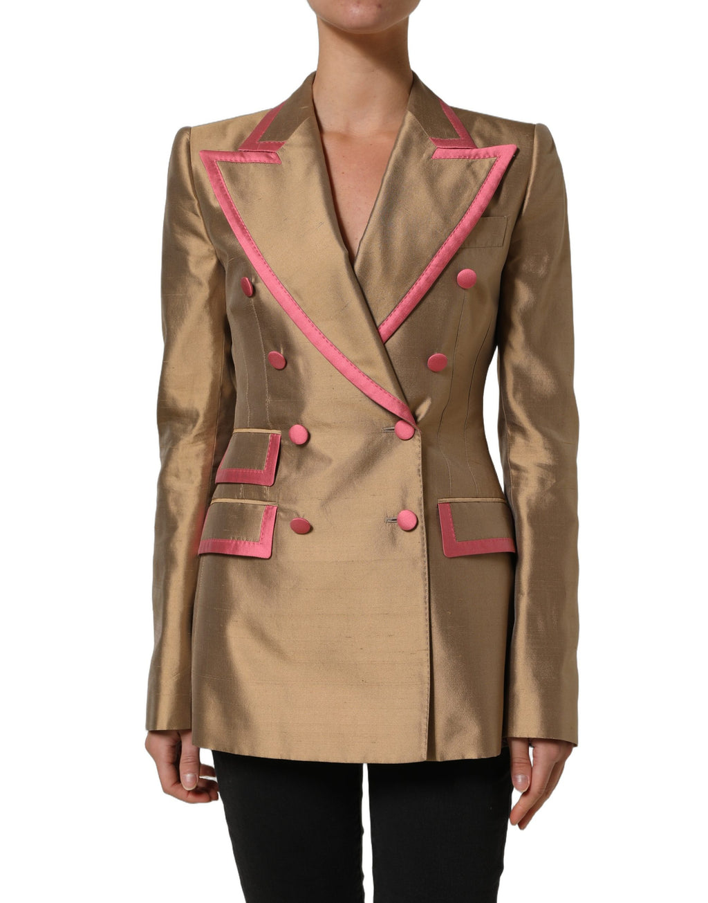 Dolce & Gabbana Gold Silk Double Breasted Coat Blazer Jacket