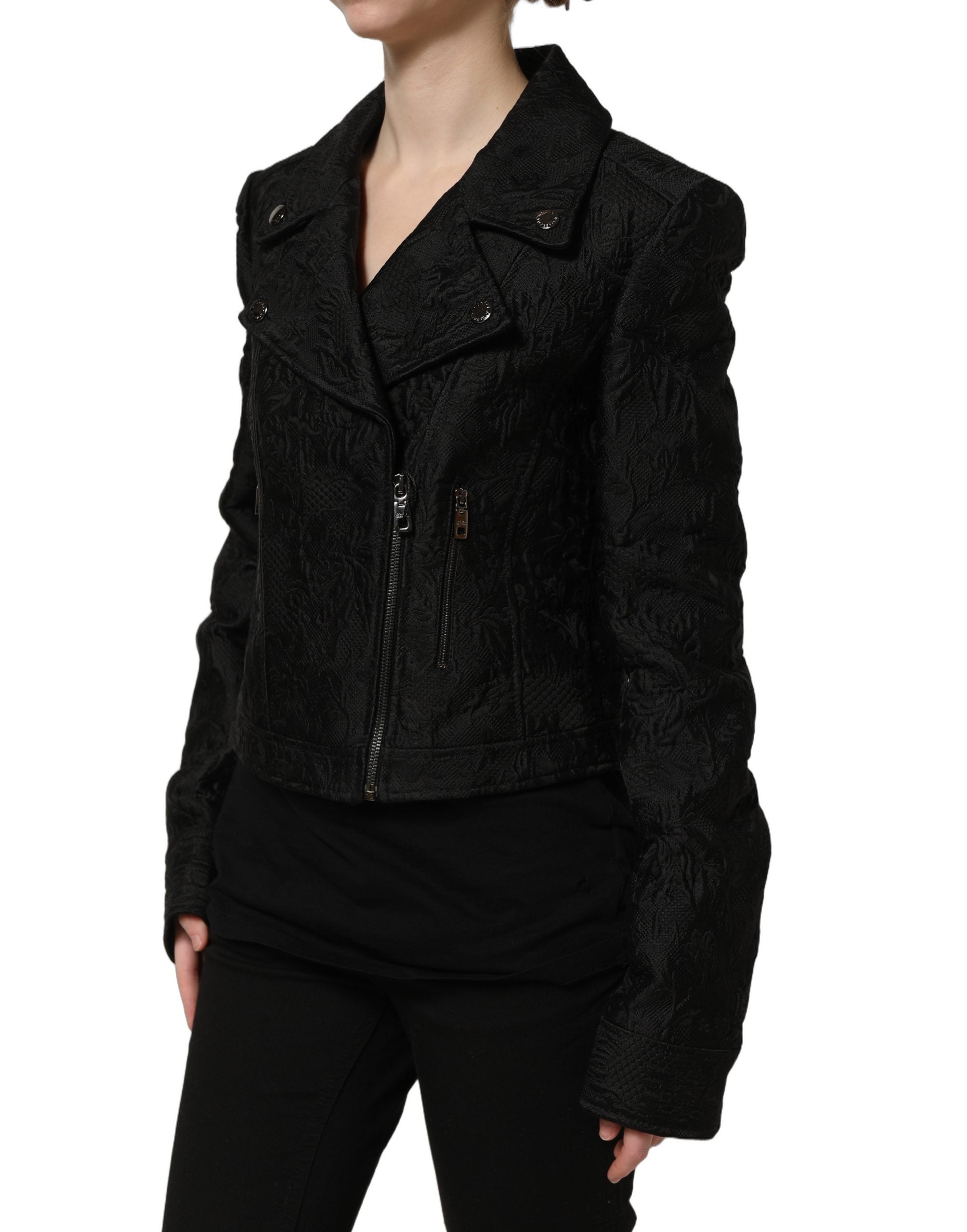 Dolce & Gabbana Black Floral Brocade Biker Blouson Jacket