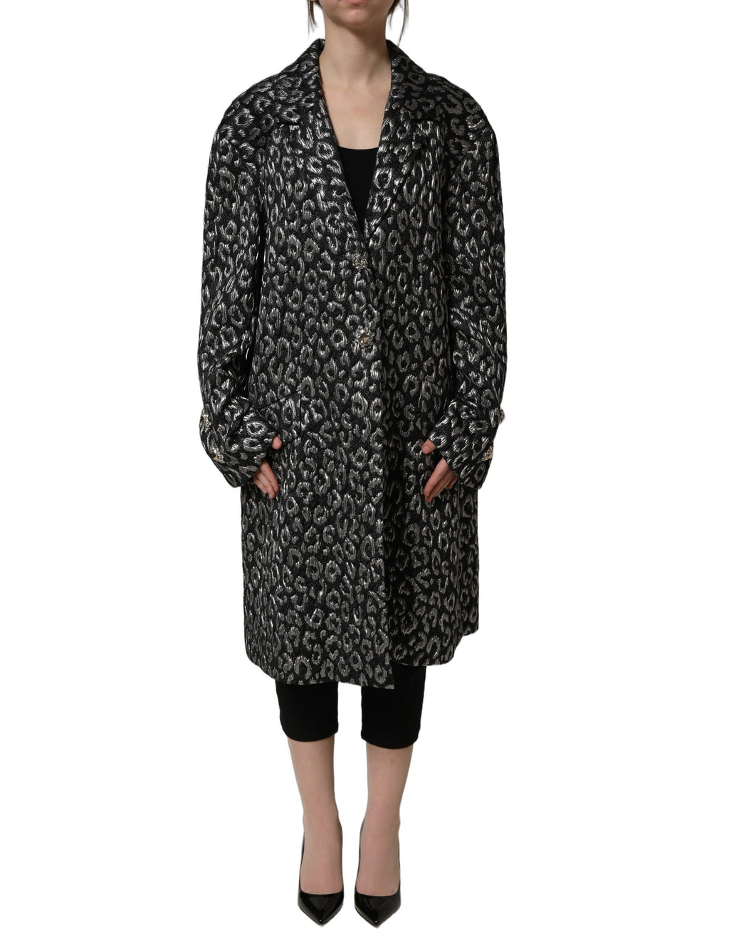 Dolce & Gabbana Black Silver Jacquard Leopard Coat Jacket