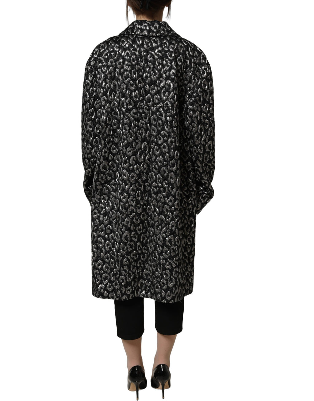 Dolce & Gabbana Black Silver Jacquard Leopard Coat Jacket