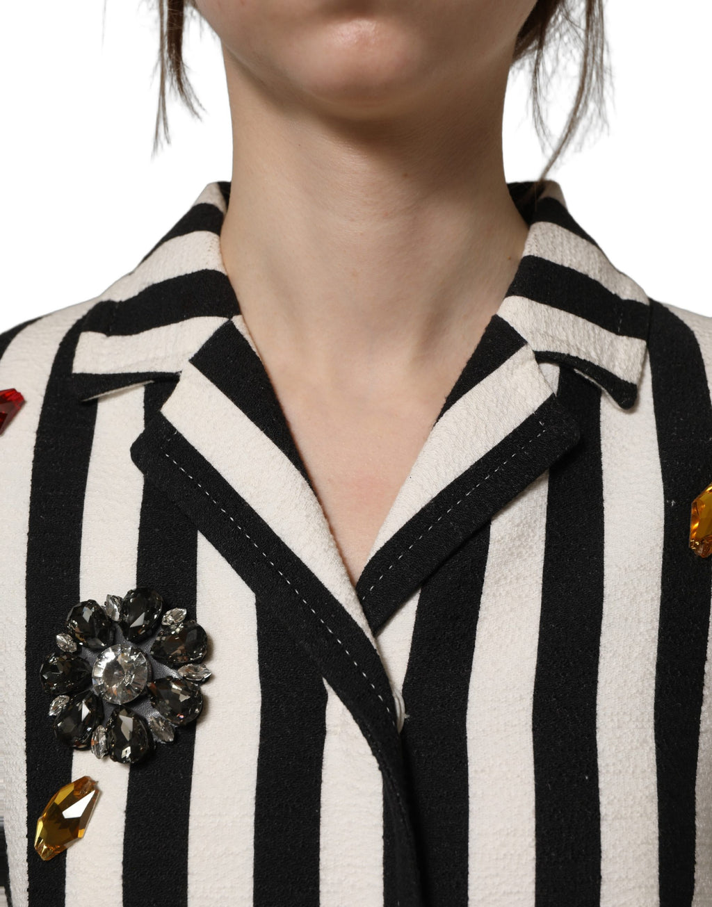 Dolce & Gabbana Black White Striped Embellished Coat Jacket
