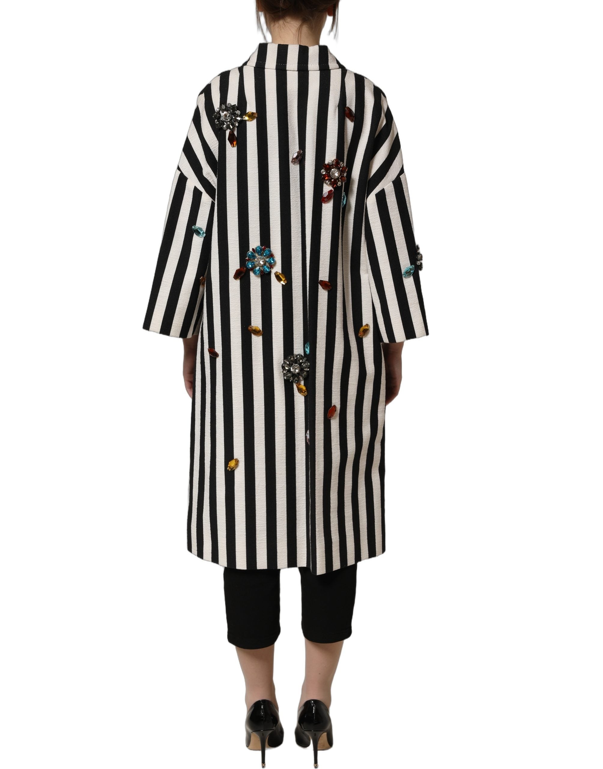 Dolce & Gabbana Black White Striped Embellished Coat Jacket