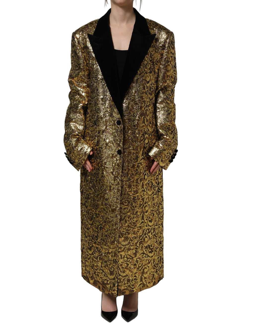 Dolce & Gabbana Gold Floral Jacquard Wool Trench Coat Jacket