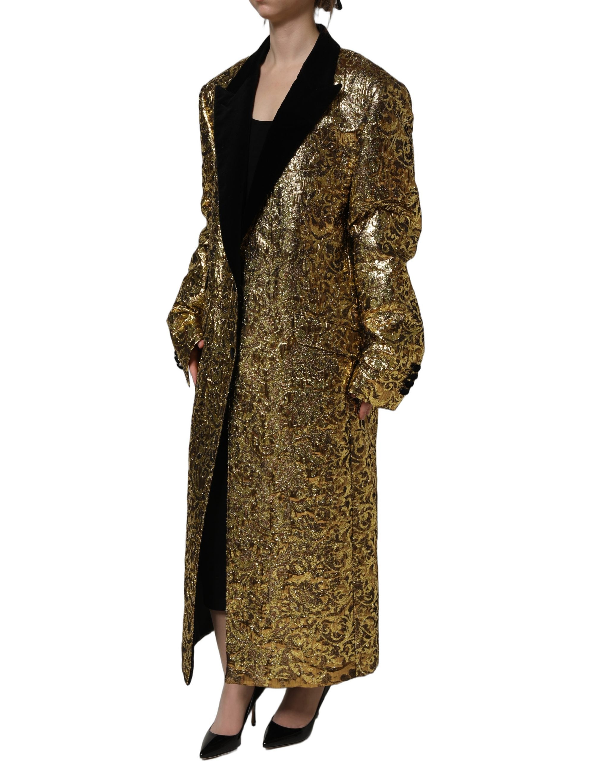 Dolce & Gabbana Gold Floral Jacquard Wool Trench Coat Jacket