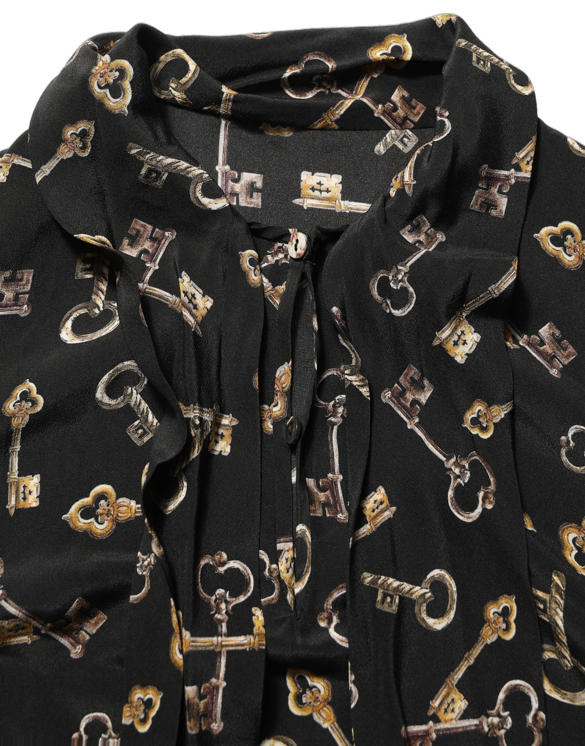 Dolce & Gabbana Black Keys Print Silk Tie Neck Blouse Top