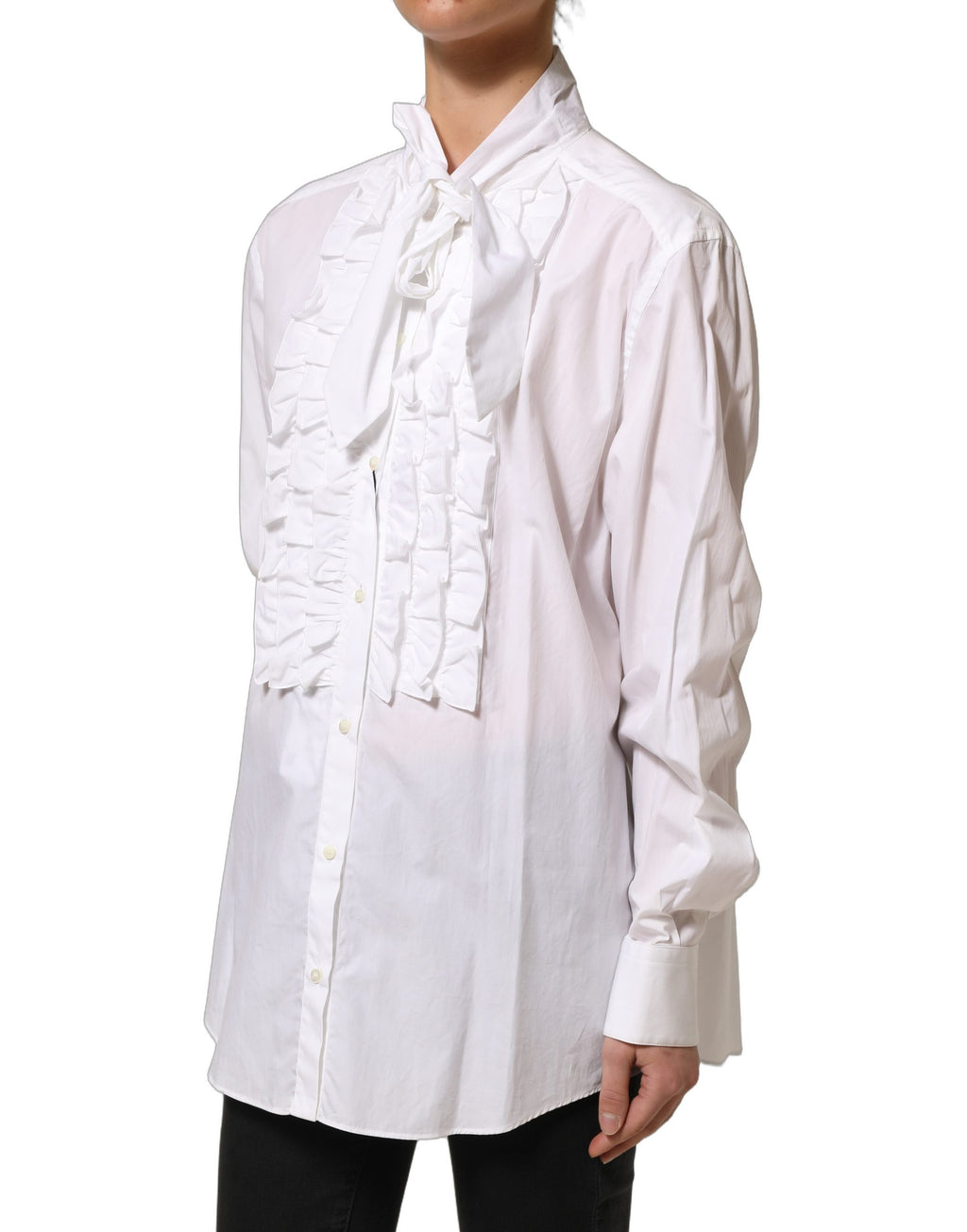 Dolce & Gabbana White Ruffled Bib Long Sleeves Blouse Top