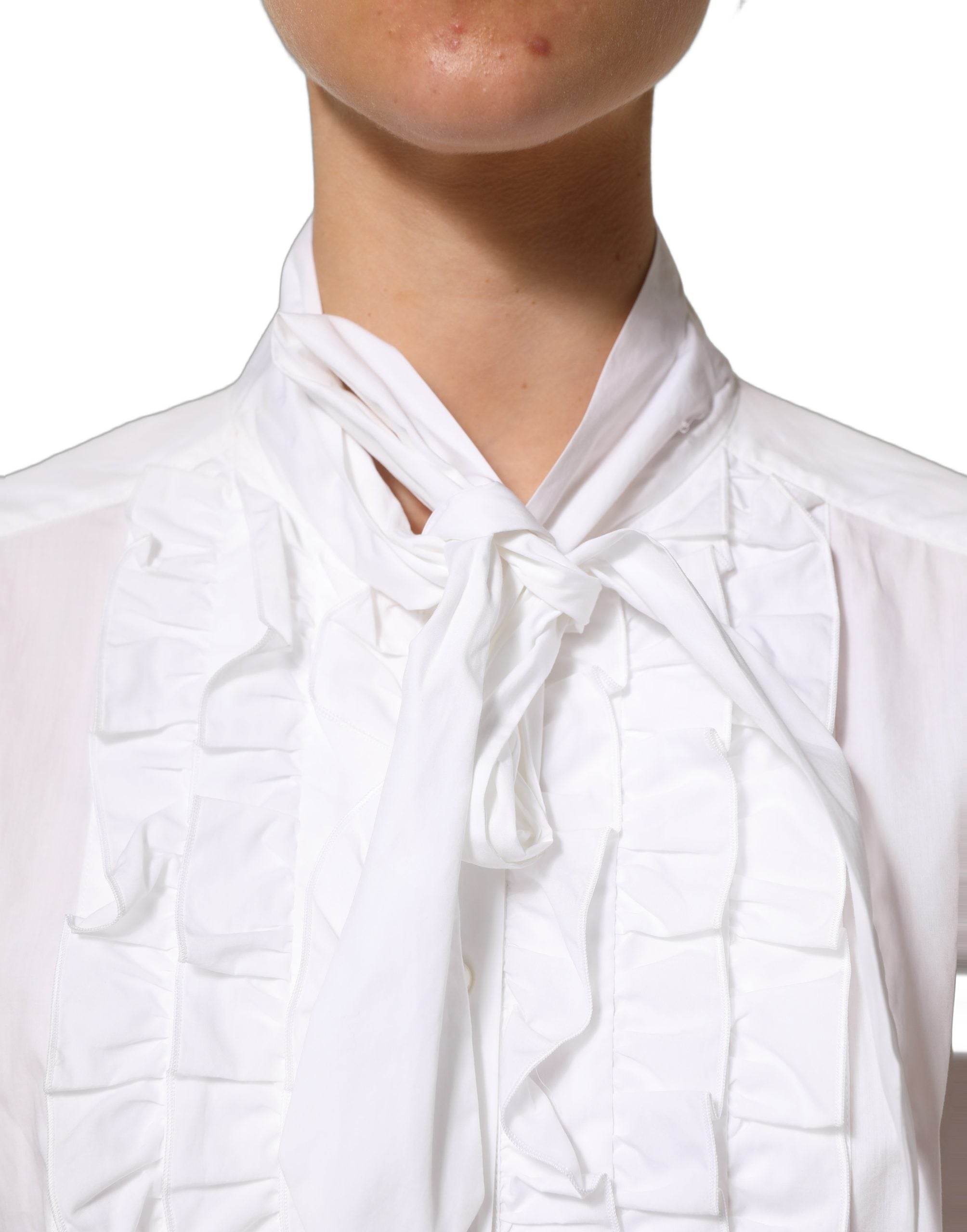 Dolce & Gabbana White Ruffled Bib Long Sleeves Blouse Top
