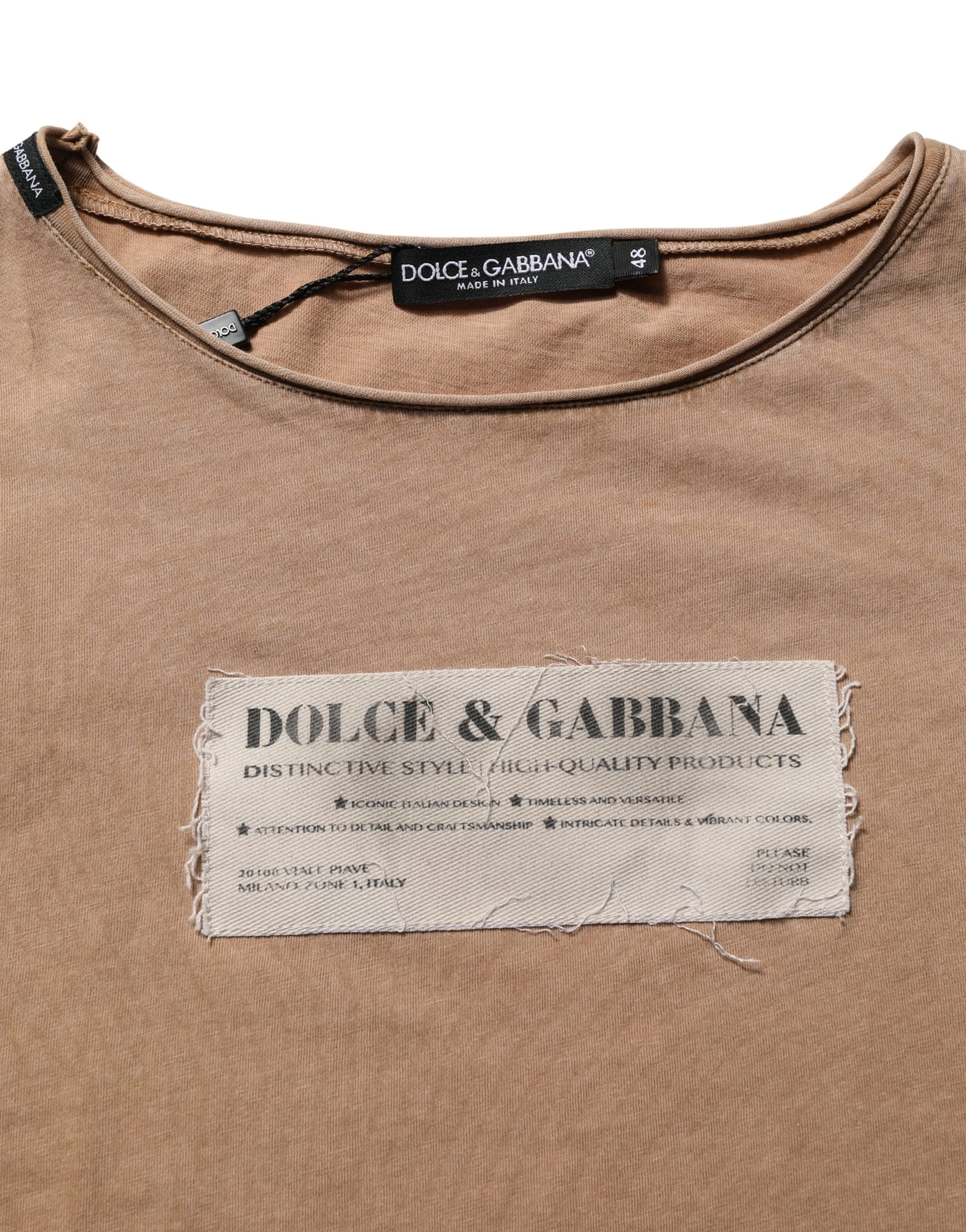 Dolce & Gabbana Brown Cotton Logo Patch Round Neck T-shirt