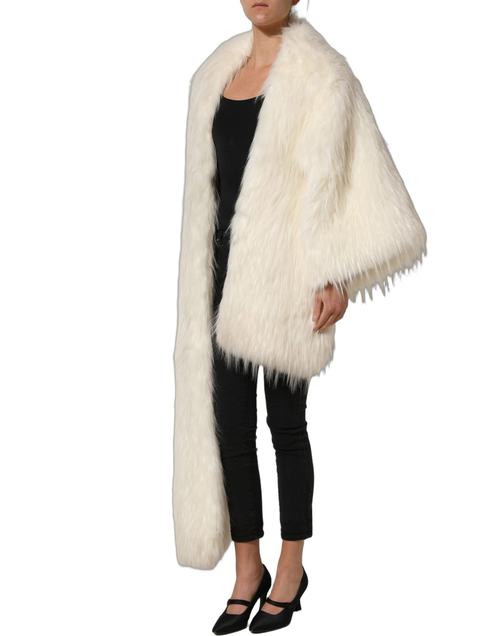 Dolce & Gabbana White Faux Fur Long Sleeves Coat Jacket