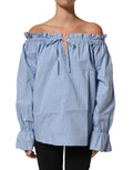 L'Autre Chose Light Blue Cotton Off Shoulder Long Sleeves Top