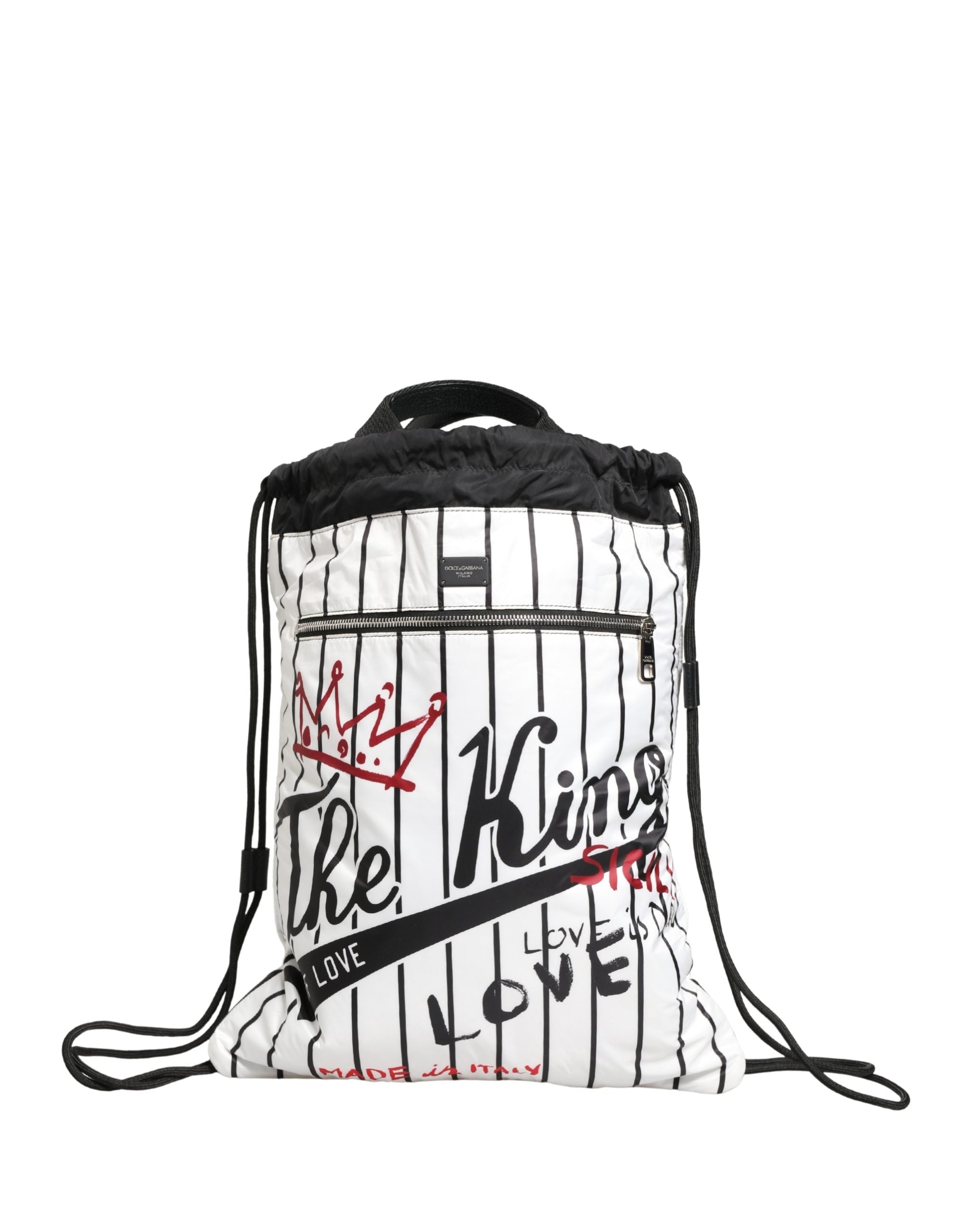 Dolce & Gabbana Black White Striped Polyester Drawstring Backpack Men Bag