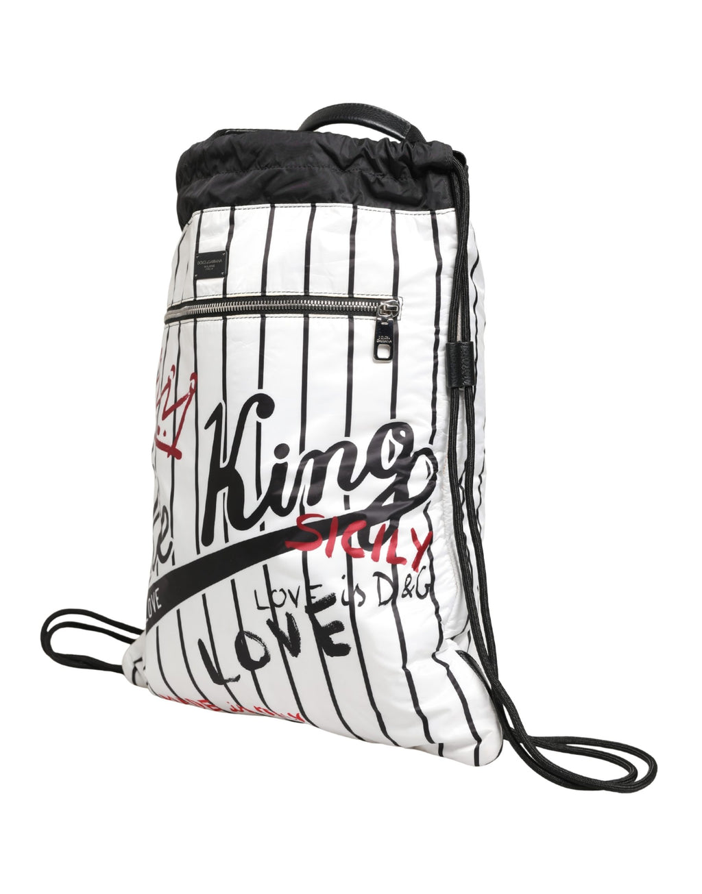 Dolce & Gabbana Black White Striped Polyester Drawstring Backpack Men Bag