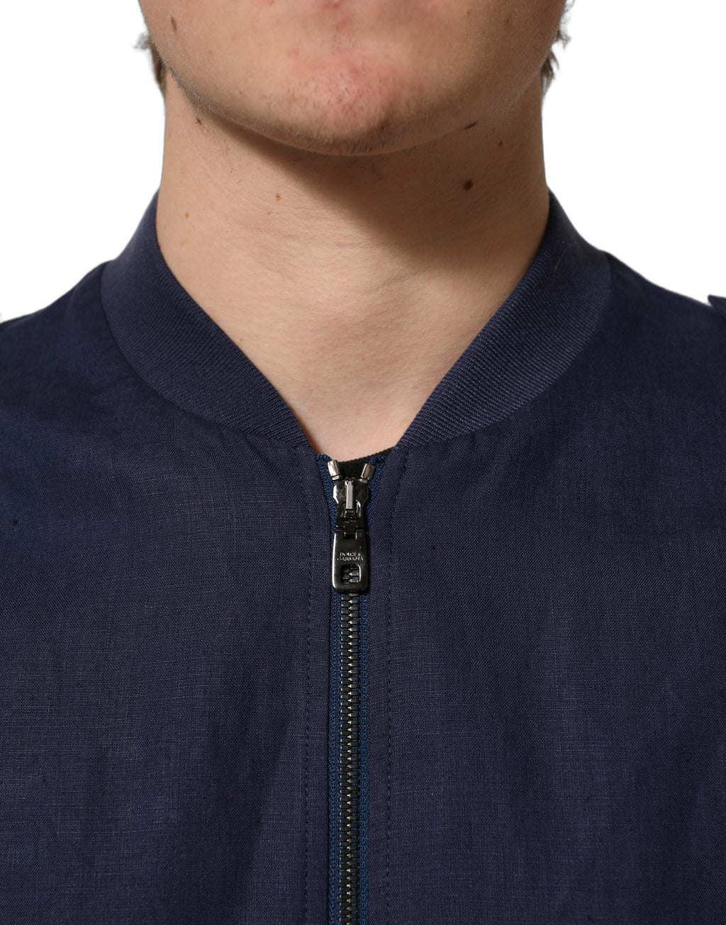 Dolce & Gabbana Blue Linen Full Zip Men Bomber Jacket