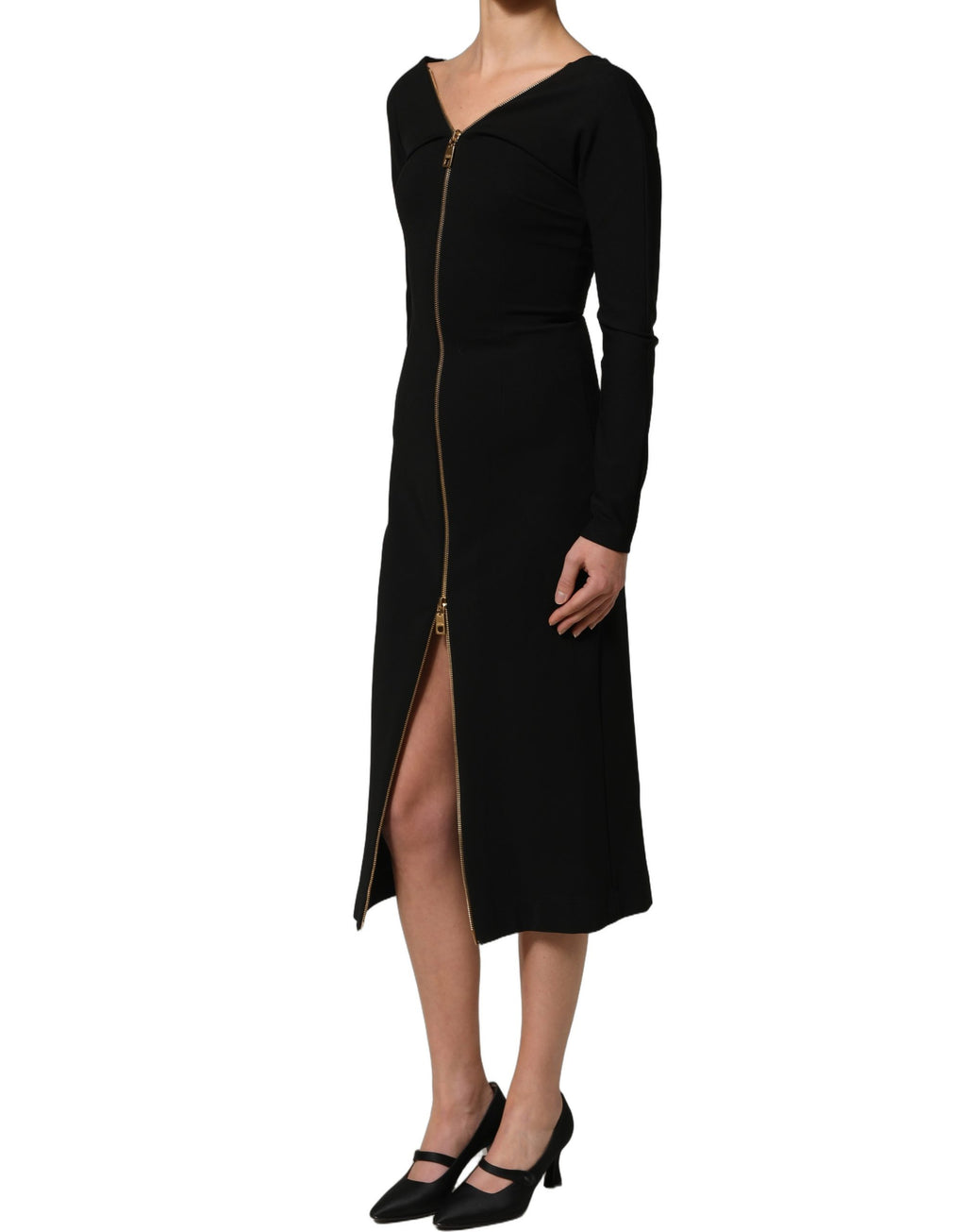 Dolce & Gabbana Black Long Sleeves Front Zipper Midi Dress