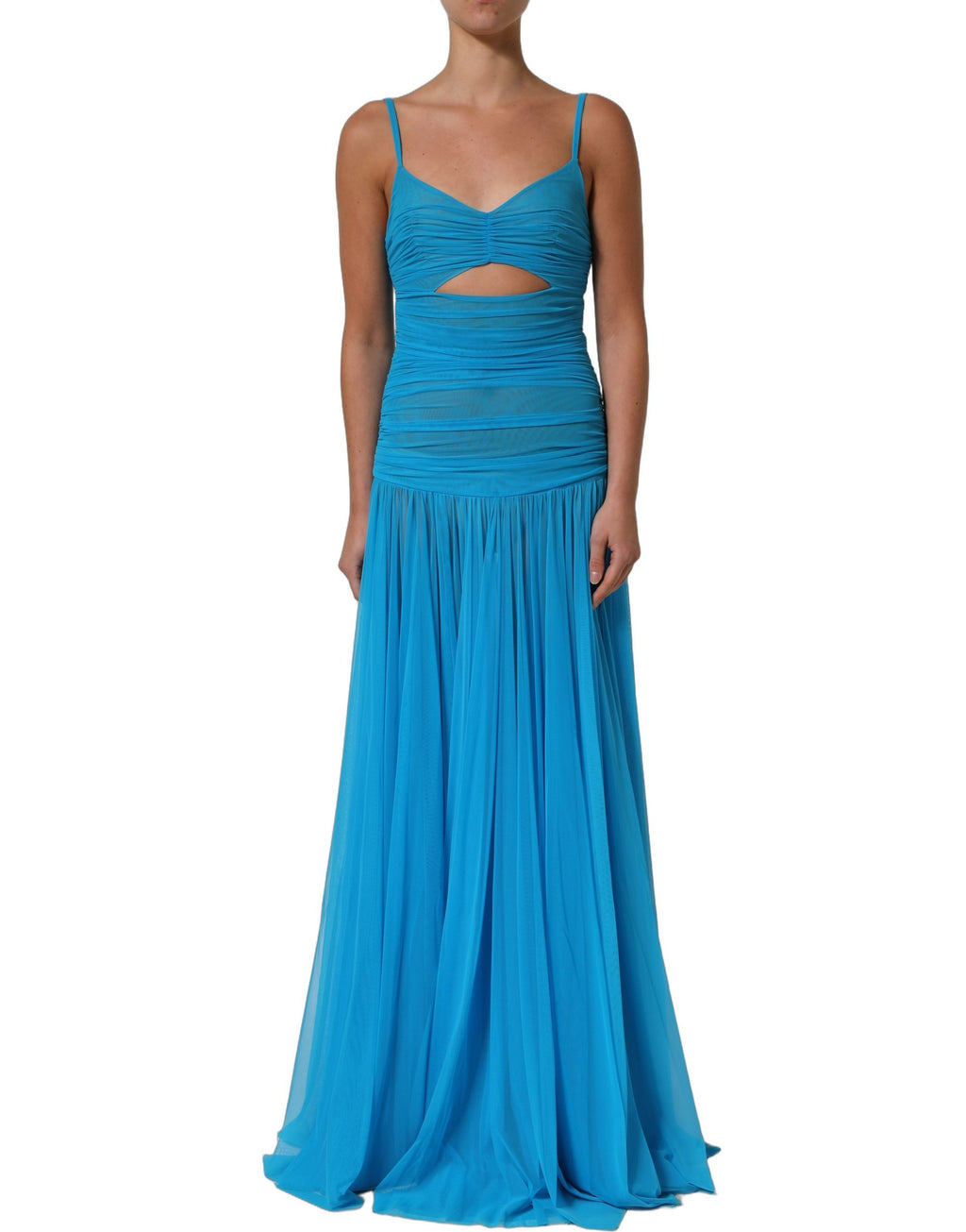 Dolce & Gabbana Blue Nylon Pleated Chiffon CutOut Gown Dress