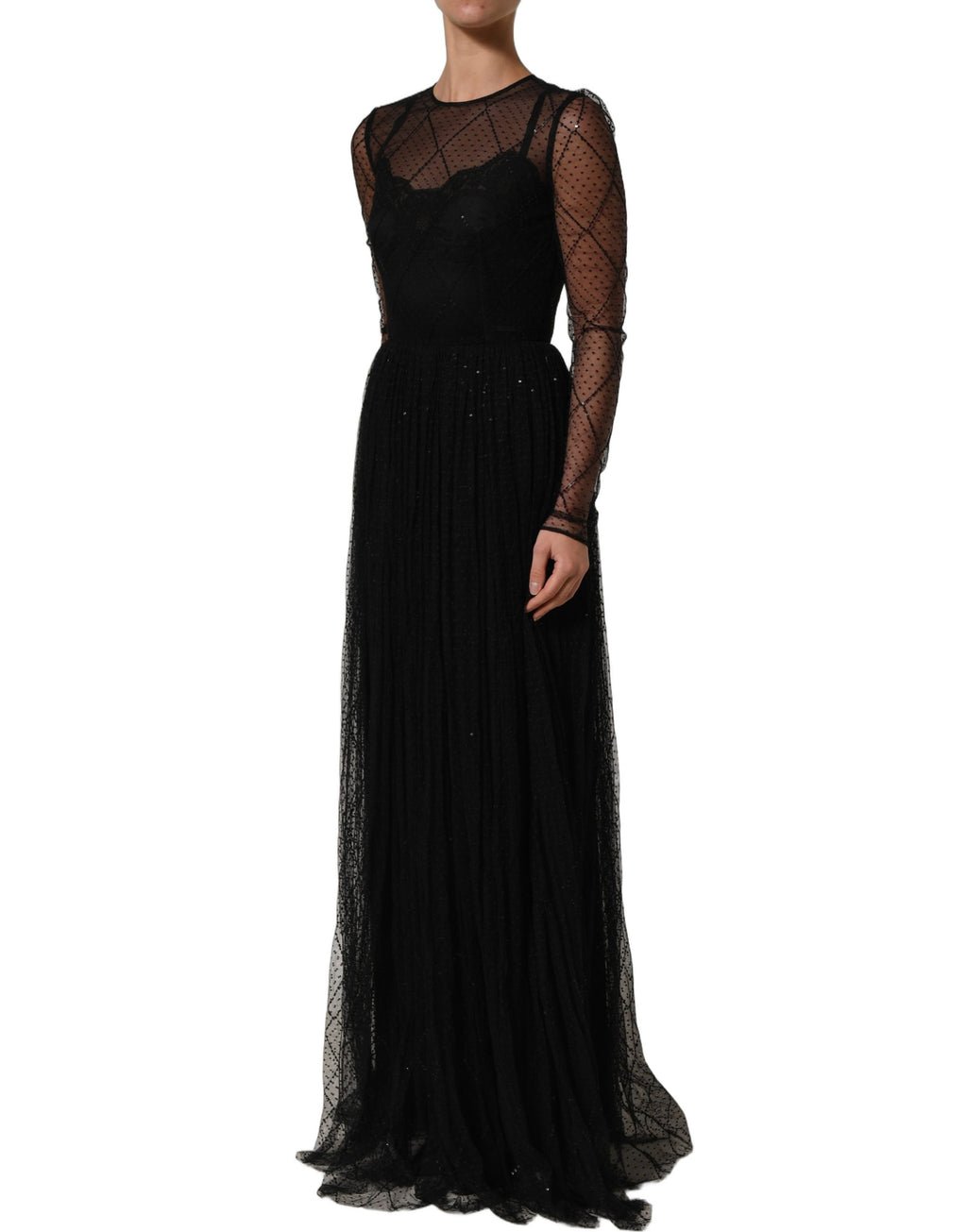 Dolce & Gabbana Black Mesh Lace Long Sleeved Maxi Gown Dress
