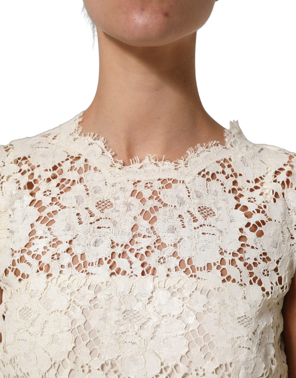 Dolce & Gabbana White Cotton Corded Lace Sleeveless Midi Dress