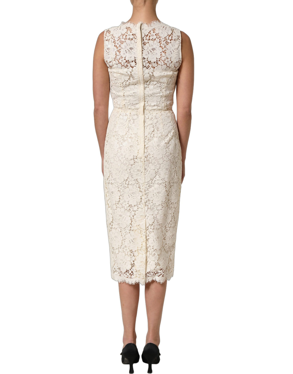 Dolce & Gabbana White Cotton Corded Lace Sleeveless Midi Dress