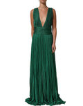 Dolce & Gabbana Metallic Green Sleeveless Plissé Gown Dress