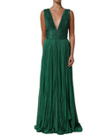 Dolce & Gabbana Metallic Green Sleeveless Plissé Gown Dress