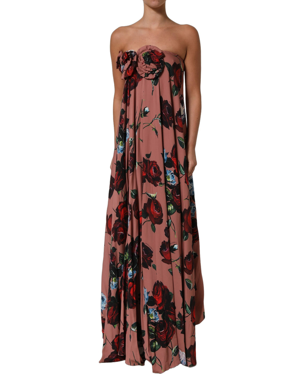 Dolce & Gabbana Dusty Pink Silk Floral Strapless Maxi Dress