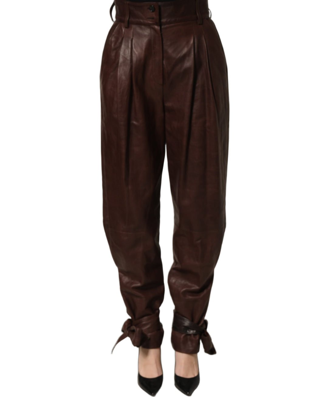 Dolce & Gabbana Brown Leather High Waist Tapered Leg Pants