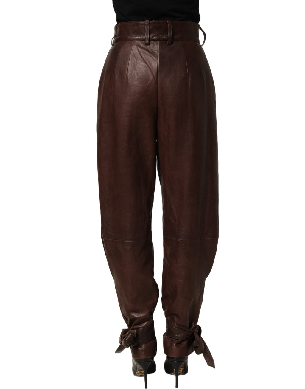 Dolce & Gabbana Brown Leather High Waist Tapered Leg Pants