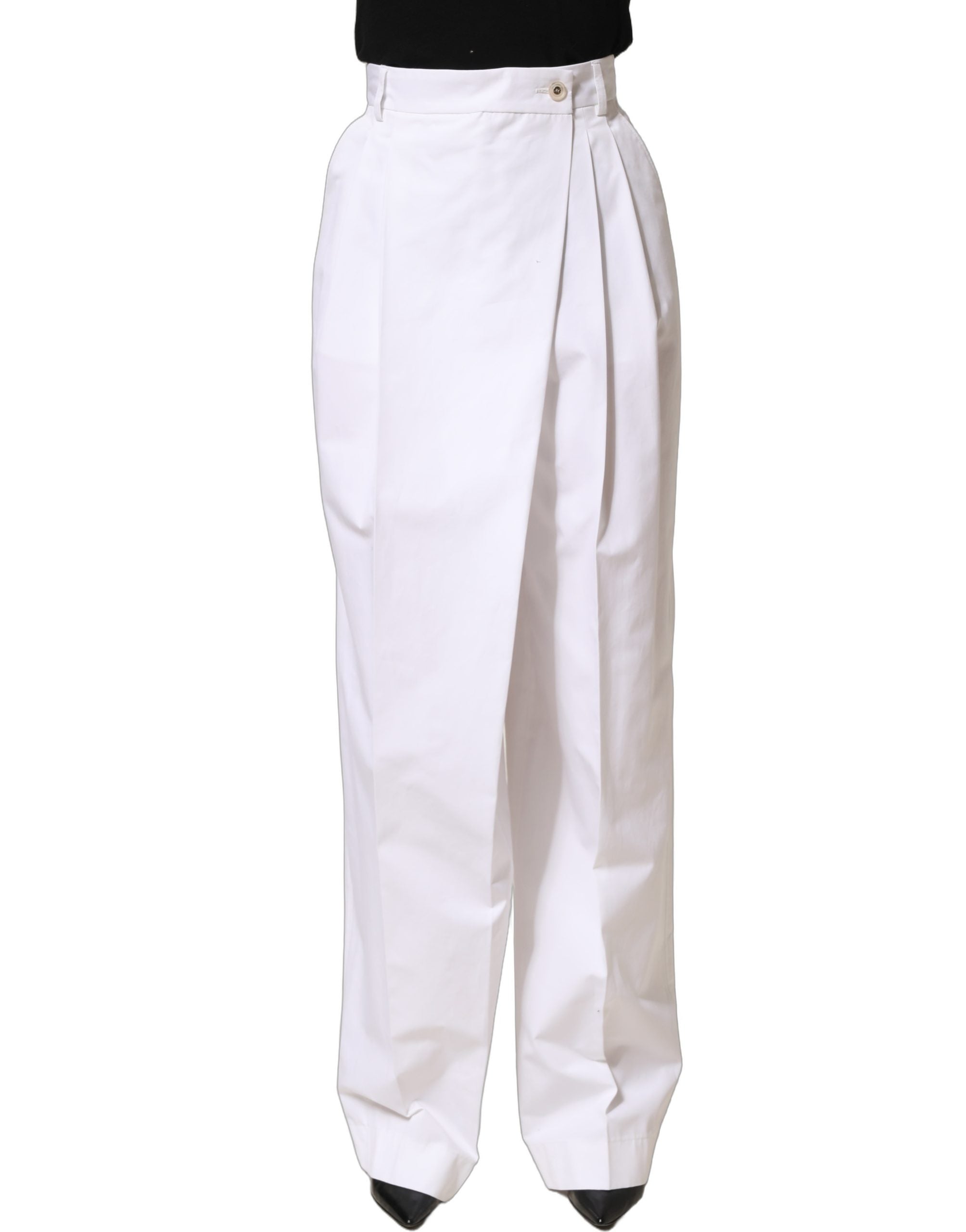 Dolce & Gabbana White Cotton High Waist Pleated Wide Leg Pants