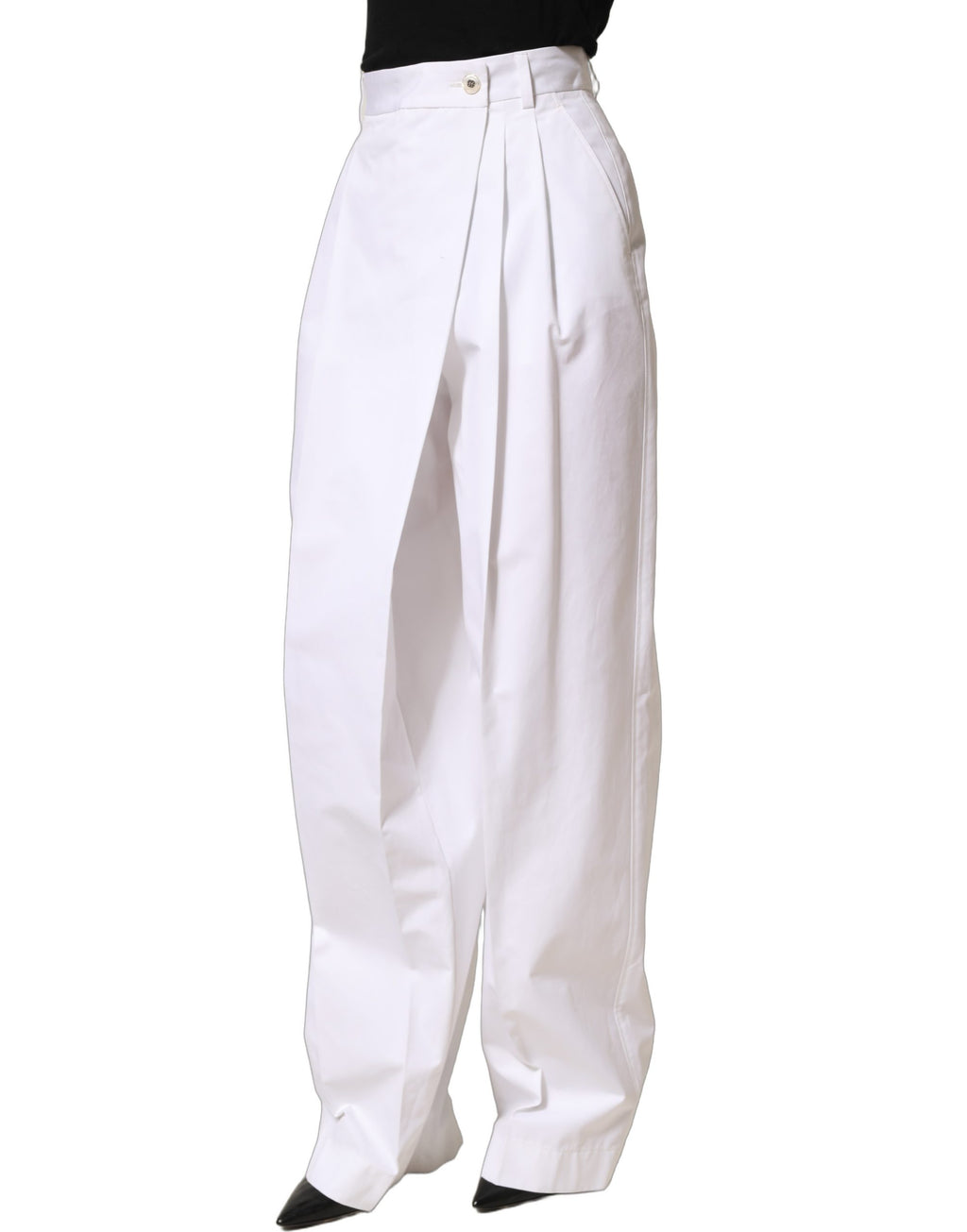 Dolce & Gabbana White Cotton High Waist Pleated Wide Leg Pants