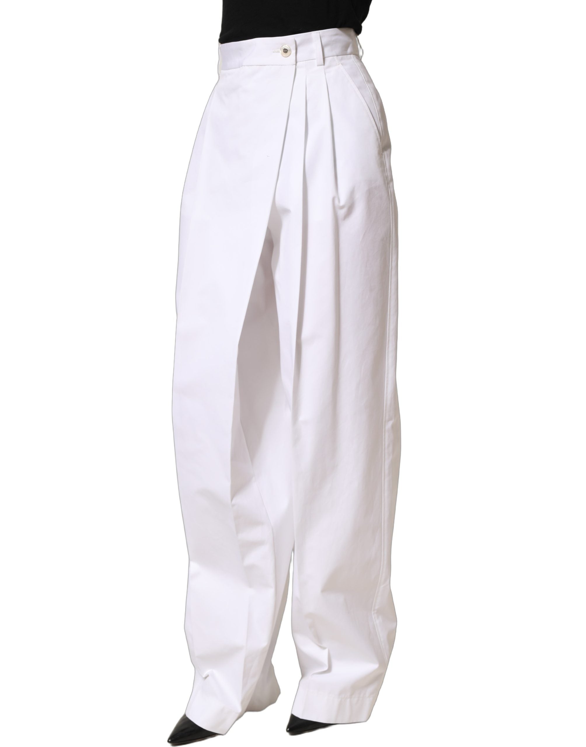 Dolce & Gabbana White Cotton High Waist Pleated Wide Leg Pants