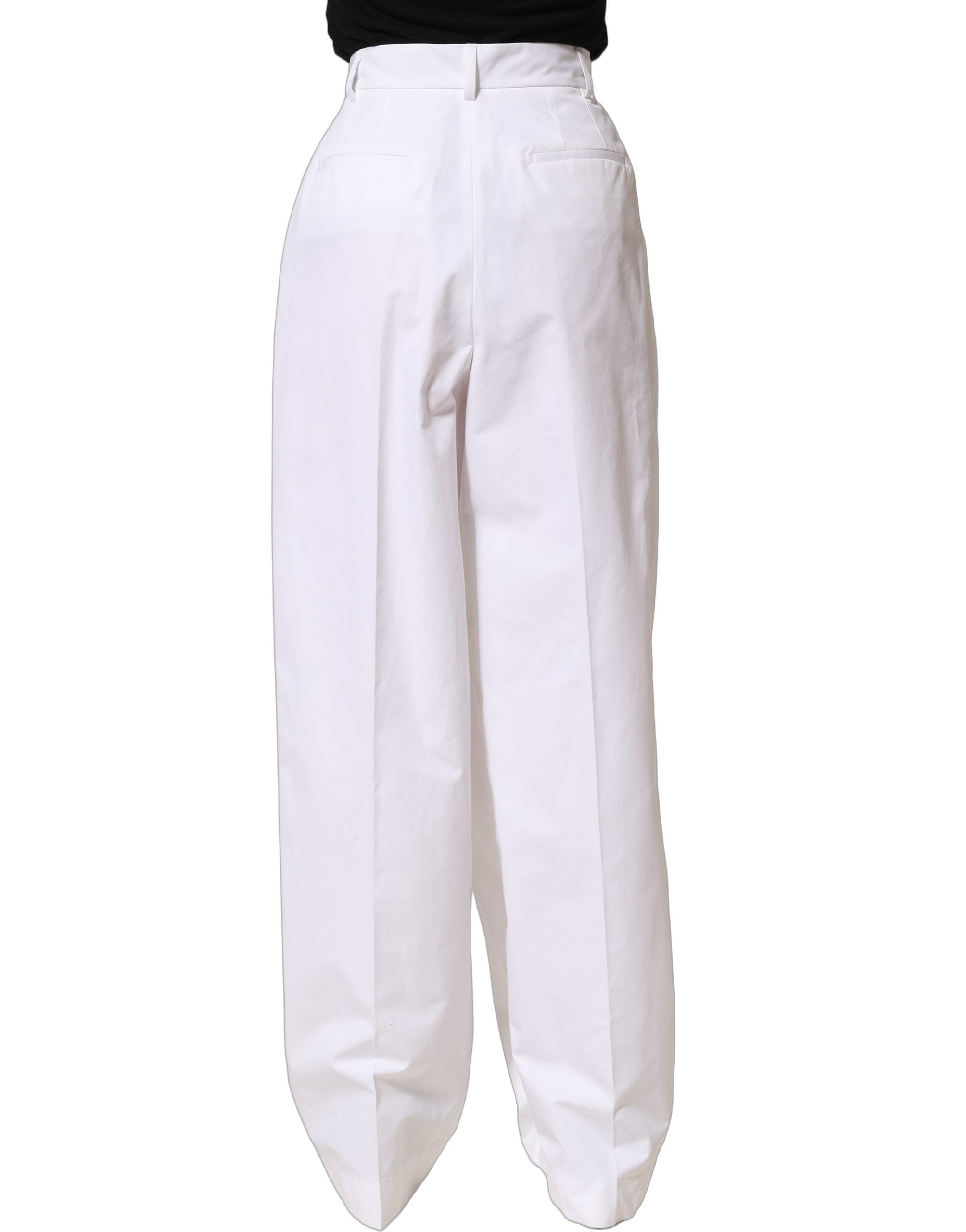 Dolce & Gabbana White Cotton High Waist Pleated Wide Leg Pants
