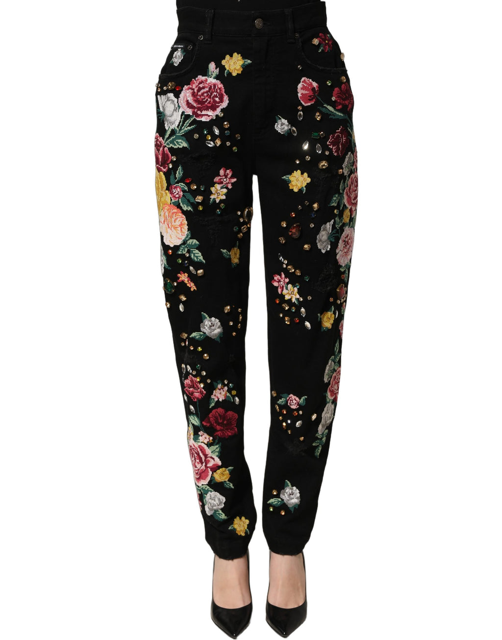 Dolce & Gabbana Black Floral Cotton High Waist Tapered Pants
