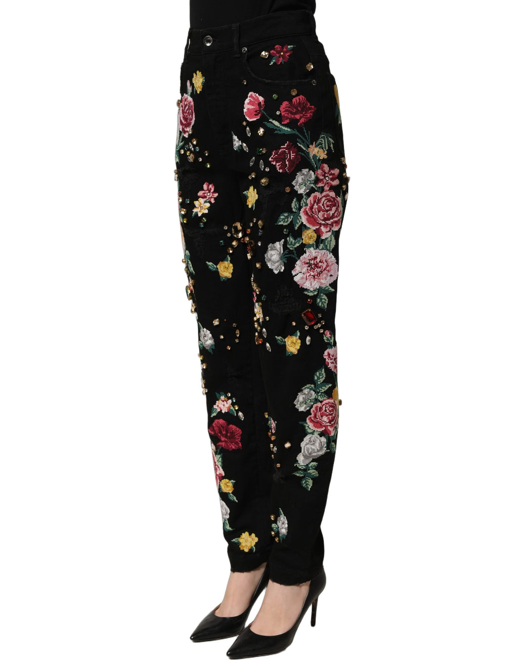 Dolce & Gabbana Black Floral Cotton High Waist Tapered Pants