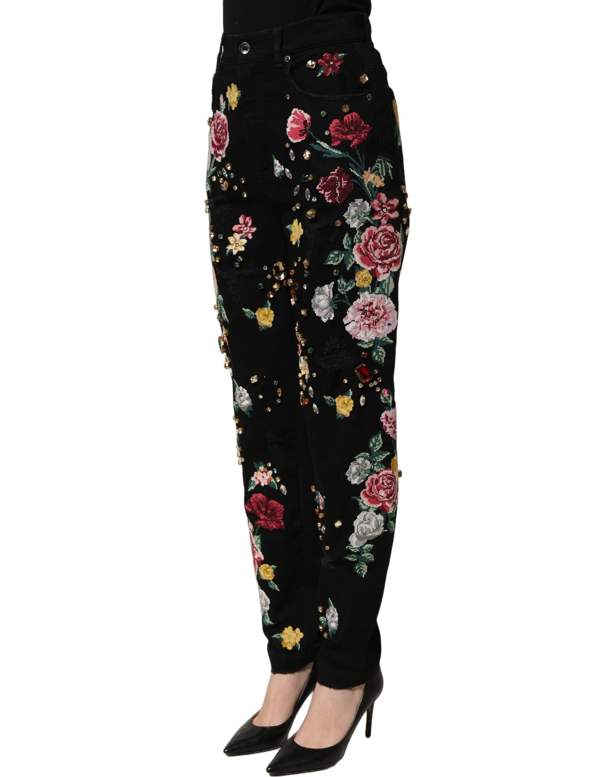 Dolce & Gabbana Black Floral Cotton High Waist Tapered Pants