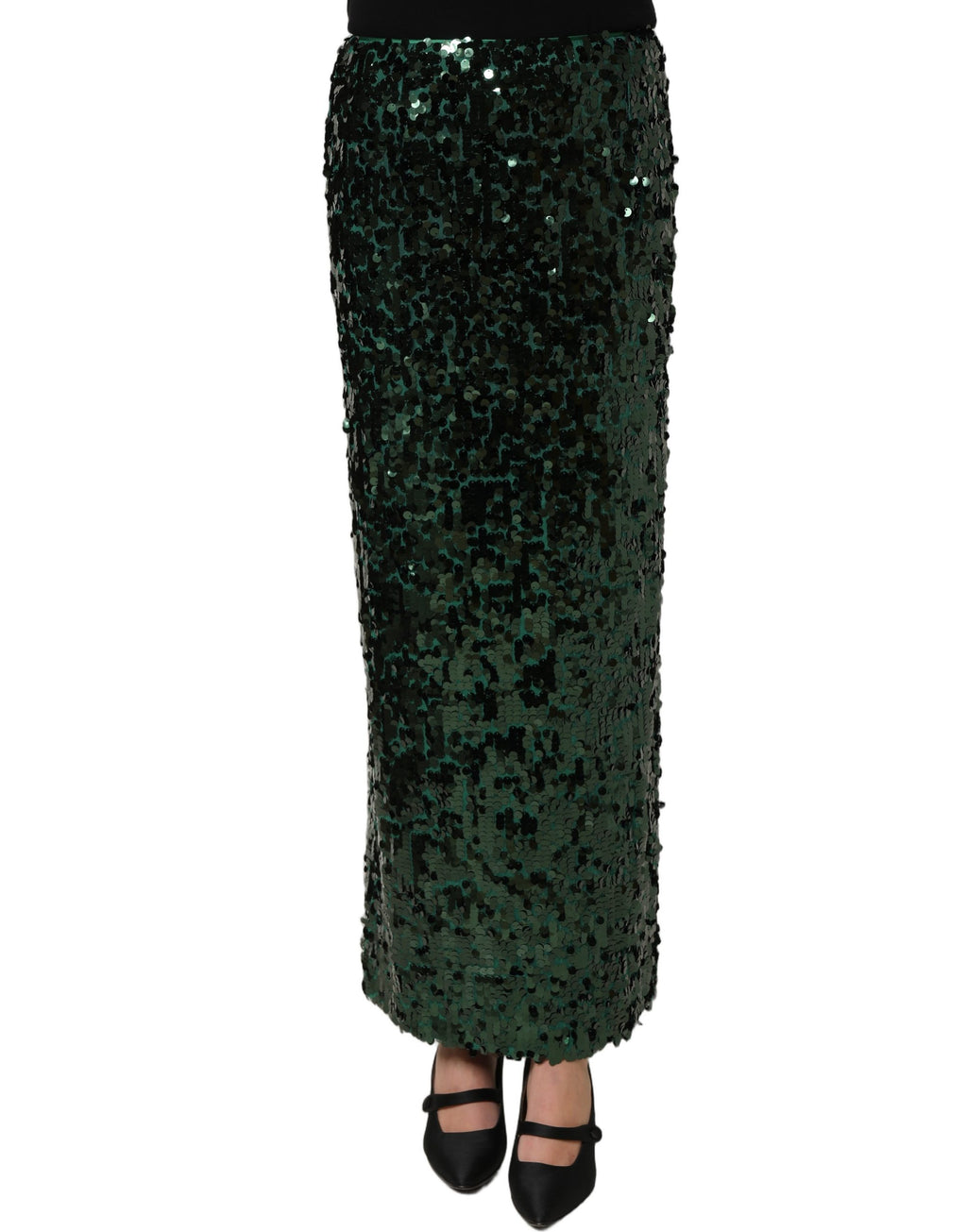 Dolce & Gabbana Green Sequin High Waist Pencil Cut Midi Skirt